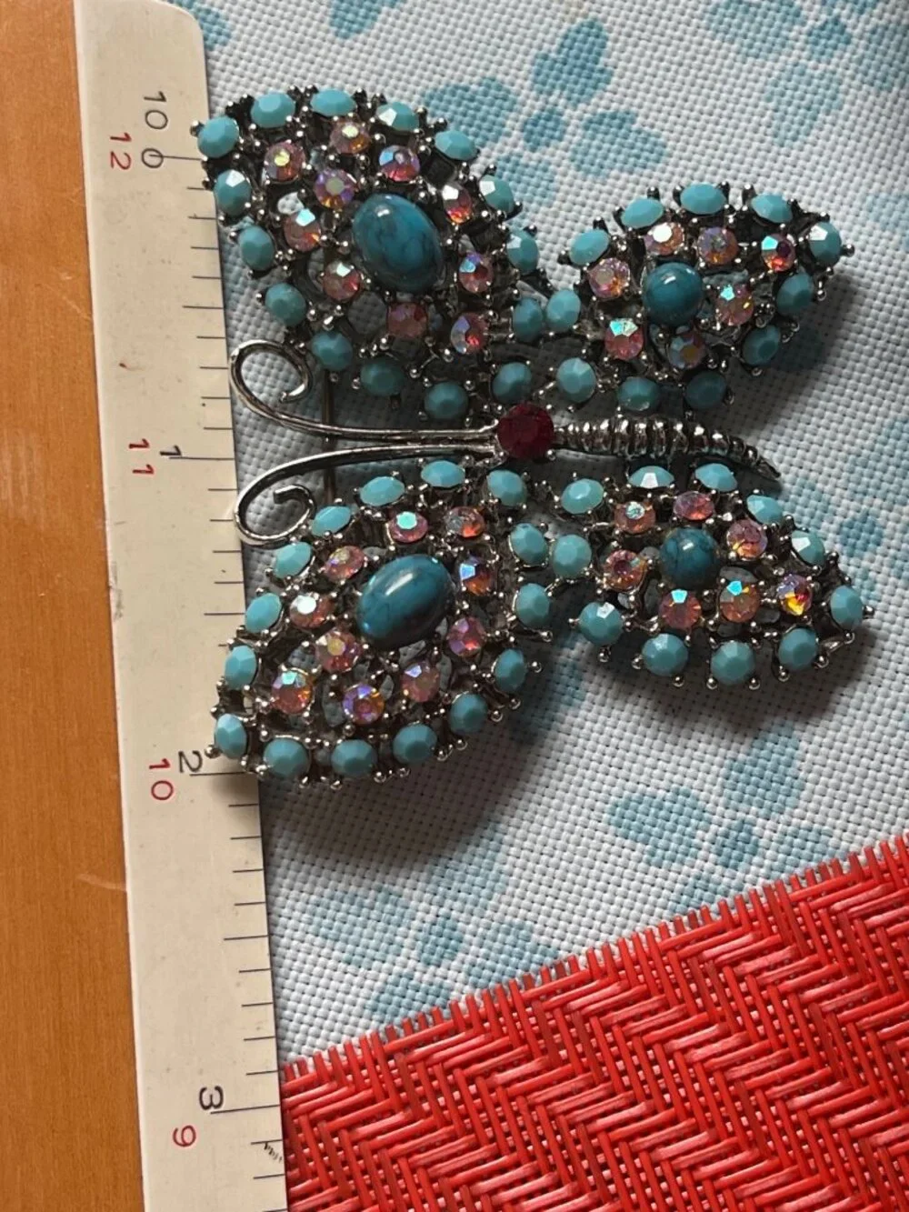 VTG Weiss Bejeweled Butterfly Brooch Turquoise Cabochons & Rhinestones 3.5
